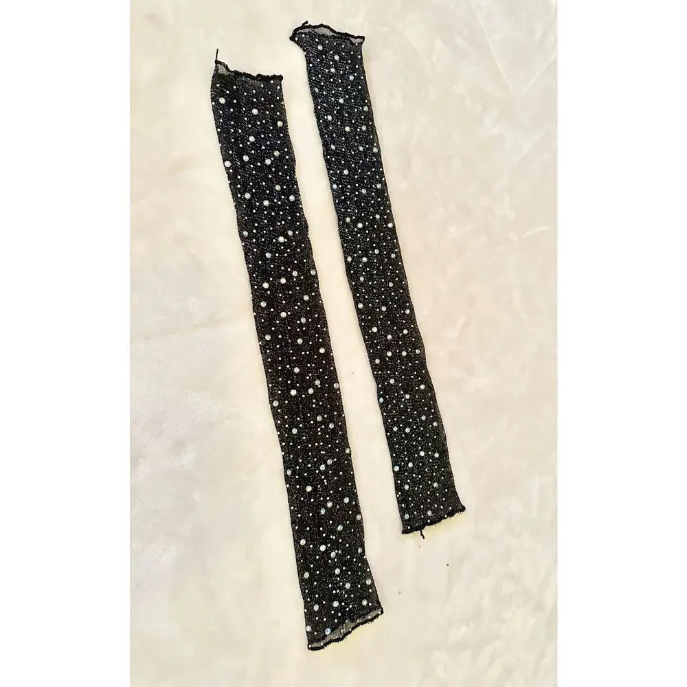 Fingerless Super sparkly black iridescent rhinestone mesh gloves